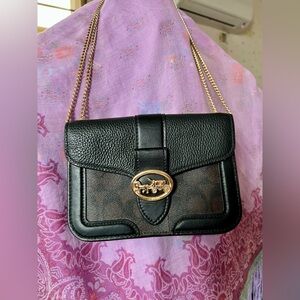 Coach Georgie Crossbody Bag Black Pebble Leather Signature Canvas –Gold Hardware
